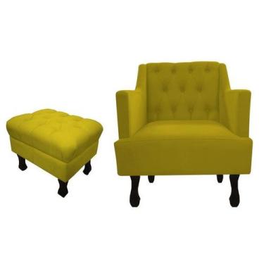 Imagem de Kit Poltrona Decorativa Julia + Puff Luis Xv Couro Amarelo Pés Madeira