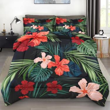 Imagem de Pamnest Conjunto de edredom tamanho king, folha de hibisco tropical, macio, 3 peças, para crianças e adultos, conjunto de edredom de plantas havaianas coloridas de verão com fronha, para decoração de