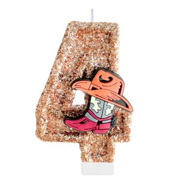 Imagem de Velas de número de aniversário para bolo, vela número 4 de caubói, decorações de bolo de rodeio para meninos, topo de bolo de chapéu, enfeite de cupcake de botas para decoração de festa de aniversário