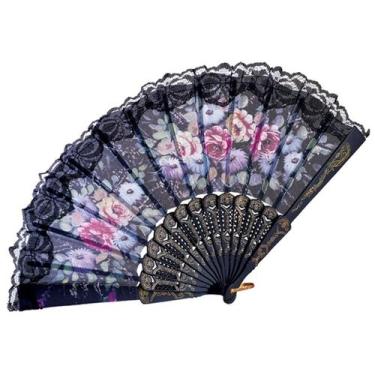 Imagem de Leque Japonês Preto Oriental Tecido Floral Com Renda - WCAN
