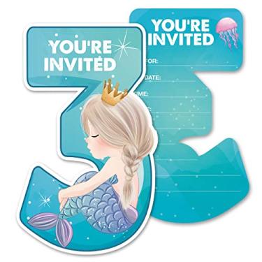 Imagem de Opomzk Convites de festa de terceiros com envelopes, conjunto de 20 convites de sereia mágica em três formas de convites de festa infantil de terceiro aniversário, lembrancinhas, dupla face