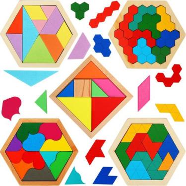 Imagem de Puzzle hexagonal de madeira Jerify para crianças, pacote com 5 unidade