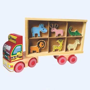 Imagem de Caminhão zoo trans 4 eixos cabine+ 12 animais em madeira - CARIMBRÁS