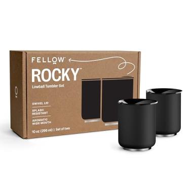 Imagem de Fellow Conjunto de 2 copos Rocky Lowball de aço inoxidável isolados com interior de cerâmica e tampa giratória de seixos - 283 g, preto fosco
