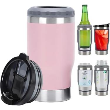 Imagem de Caneca Porta Latas e Isolador 4 em 1 para Lata Fina e Padrão de 355ml e Log Neck de Cerveja. Copo Térmico de Aço Inoxidável Isolado a Vácuo e Termocooler (Rosa)