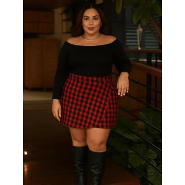 Imagem de Saia Envelope Xadrez Transpassada De Amarrar Plus Size Cintura Alta Se