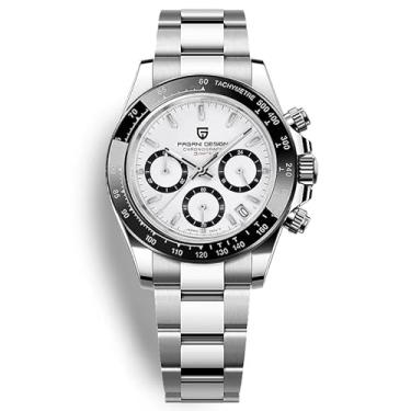 Imagem de Pagani Design PD1644 Relógio cronógrafo de quartzo masculino movimento VK63, cristal de safira, bisel arco-íris, aço inoxidável, 100 m resistente à água relógio de pulso esportivo, PD-1644-branco