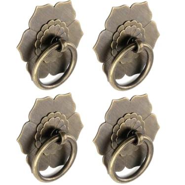 Imagem de Bitray Puxadores de anel vintage em tom de bronze antigo puxadores de armário de gaveta em forma de flor - 4 peças