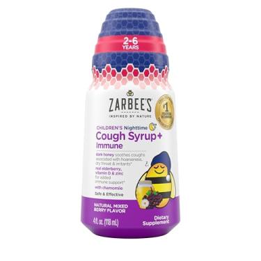 Imagem de Zarbee's Xarope para tosse com mel noturno infantil + imune para crianças a partir de 2 anos, xarope para tosse com mel escuro calmante, sabugueiro verdadeiro, vitamina D, zinco e camomila, sem
