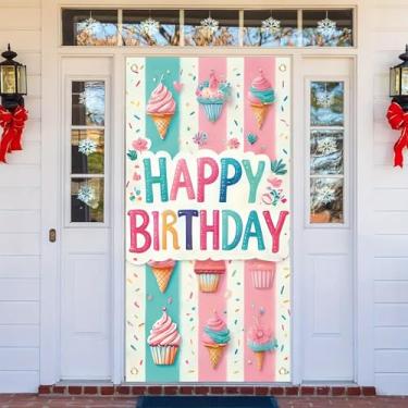 Imagem de Starlit Patio Capa de porta de aniversário para sorvete e granulado Banner colorido decoração de festa para porta da frente faixa de entrada de feliz aniversário para crianças para celebração de