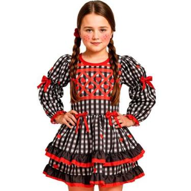 Imagem de Vestido Infantil de Festa Junina pra Menina Xadrez Preto Manga Longa e