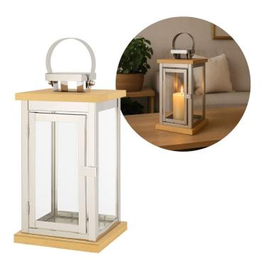 Imagem de Lanterna Decorativa Madeira e Inox Prime 21cm x 12cm