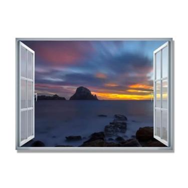 Imagem de Janela de arte de parede com impressão em tela. Vista de janela falsa. Impressão de imagem natural em tela. Arte de parede para sala de estar (pôr do sol no mar 2) 40 x 56 cm-15,7 x 20,1 pol sem