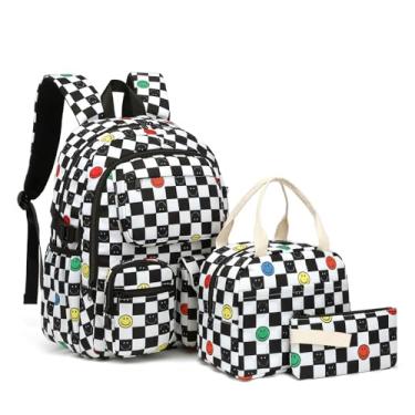 Imagem de Conjunto de mochila escolar para meninas com lancheira e estojo, 3 peças, mochila escolar leve para crianças, Sorriso quadriculado, Mochila escolar 3 em 1