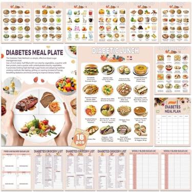 Imagem de 16 peças de planejador de refeições para diabéticos, lista de alimentos para diabéticos, plano de dieta, proteína de alta fibra, vitaminas e baixo teor de carboidratos, pôsteres para controle de