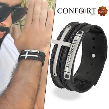 Imagem de Pulseira Bracelete de Couro Cruz Resiliência Força Ajustável - GRANADO