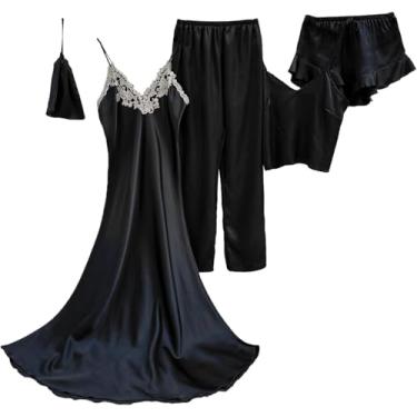 Imagem de 5 Peças Mulheres Camisolas De Verão De Cetim Sexy Robe Roupão Para Mulheres Pijamas Conjunto, Navy, L