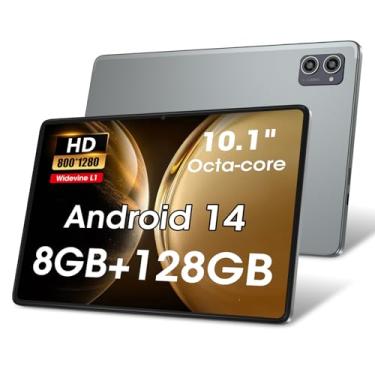 Imagem de Tablet Android 14 atualizados 2025, tablet de 10,1 polegadas, CPU Octa-core com 8 processadores Cortex-A55 8GB RAM 128GB ROM IPS Touchscreen, Wi-Fi 6, BT 5.0, câmera dupla, bateria de 6000 mAh