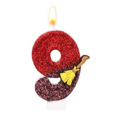 Imagem de Vela de Aniversário com Tema Bruxo Mágico, Vela com Glitter e Lantejoulas Tema Vassoura Mágica Topo de Bolo Inspirado em Bruxo para Decoração Festa Aniversário Infantil (Número 9)