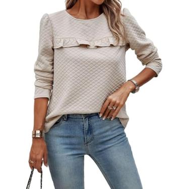 Imagem de Blusas Femininas De Cor Sólida Manga Comprida Botão Nas Costas Decote Redondo Acolchoado Babado Camisas Da Moda Outono Inverno Casual Tops, Green, L