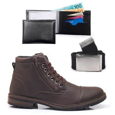Imagem de Kit Bota Coturno Masculina Casual Com Carteira Cinto Ziper Lateral Confortável Leve Macia Resistente (Café, BR, Adulto, Numérico, 43)