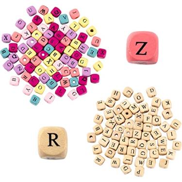 Imagem de KISSITTY 840 contas de madeira com letras de madeira natural do alfabeto cubo aleatório letra mista A-Z contas de furo grande misturado aleatório 10 x 10 x 10 mm para pulseiras, colares, brincos, artesanato, fabricação de joias