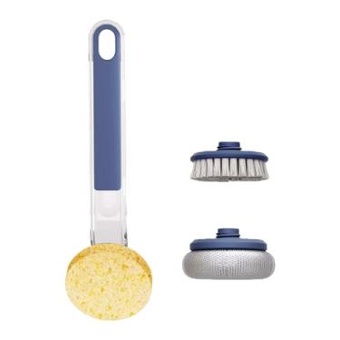 Imagem de Kitchen Dish Brushes Long Handle Sponge Scrubber Brush 3 em 1 Multi Funcional Cleaning Tool Set para Pots Panelas Pratos Aço inoxidável Wire Cers Esponja Madeira Polpa Algodão (Azul-marinho)