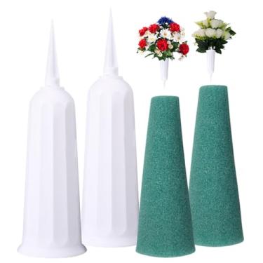 Imagem de 2 vasos de cemitério com uma estaca e inserções de espuma, suporte de flores de plantas para manter buquês no lugar, decorações elegantes para cemitério (branco)