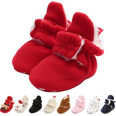 Imagem de GDSDYM Pantufas de lã aconchegantes para bebês com solas aderentes, meias quentes de inverno para recém-nascidos e primeiros andadores, C02 Vermelho, 6-12 Meses
