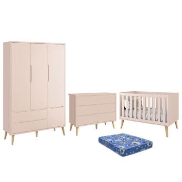 Imagem de Dormitório Theo Retrô 3 Portas, Cômoda 6 Gavetas, Berço com Pés Madeira Natural e Colchão - Reller Móveis Rosa Fosco
