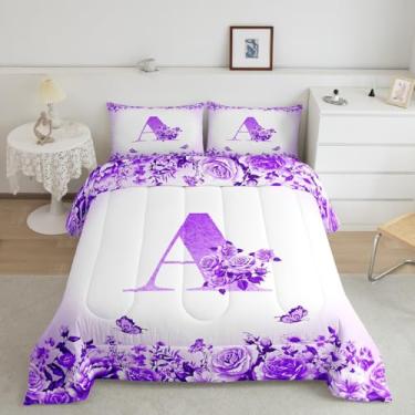 Imagem de jejeloiu Conjunto de edredom solteiro com letras roxas e flores, para crianças, adolescentes e mulheres, conjunto de cama personalizado, ultramacio, monograma, floral, rosa, borboleta, edredom moderno