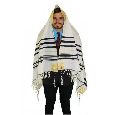 Imagem de Talit Messiânico Gadol Azul Escuro Dourado 110X160Cm -Israel