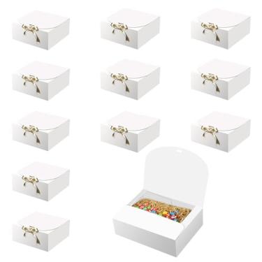 Imagem de ATSKIM Pacote com 12 caixas de presente brancas com tampas, 16,5 x 16,5 x 5 cm elegante caixa de presente com fita dourada, lembrancinhas de festa para casamento, aniversário, embalagem de presente