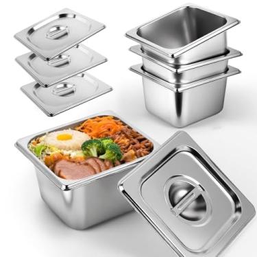 Imagem de West Bay Pacote com 4 panelas de hotel tamanho 1/6, panela de mesa a vapor profundo de 10 cm com tampa, frigideiras de aço inoxidável de 18 cm C x 16,5 cm L para casa, festa, hotel, buffet