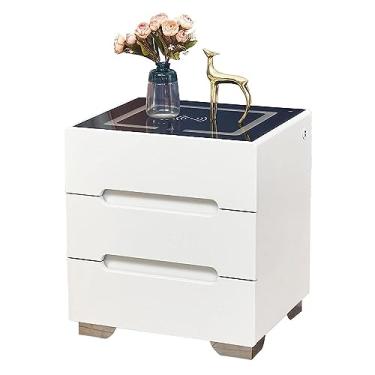 Imagem de Mesa de cabeceira moderna de madeira com tampo de vidro temperado e mesa de centro de três gavetas com pernas de madeira de aço inoxidável para escritório em casa