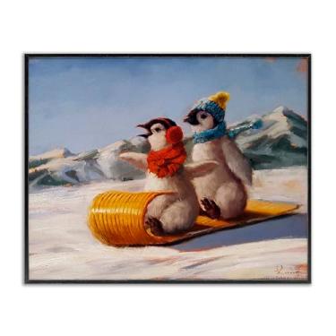 Imagem de Stupell Industries Toboggan Sleigh Ride Penguins Preto Emoldurado Giclée Design de arte por Lucia Heffernan, 28 x 35 cm