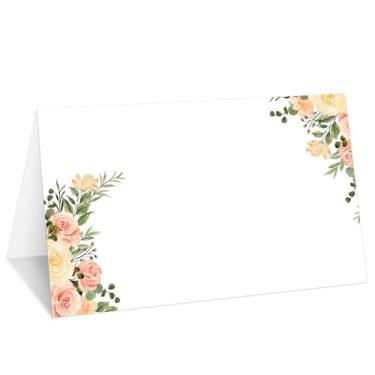 Imagem de Cartões de lugar de rosas amarelas, conjunto de 25 cartões de nome de barraca floral para configuração de mesa, etiqueta de comida para casamento, chá de bebê, artigos de festa de jantar de