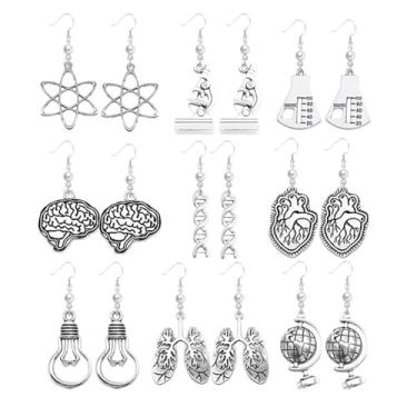 Imagem de Dreuyet Conjunto de 9 pares de brincos de biologia, pingente exclusivo, química, átomo, DNA, microscópio, cérebro, coração, globo e cientista, brincos para mulheres, joias nerd, presentes, Middle