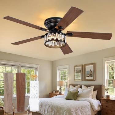 Imagem de Ventilador de lustre de cristal de 136 cm com controle remoto, ventilador de teto de montagem embutida preto com 6 velocidades, motor CC reversível silencioso, ventilador de teto de fazenda com luz