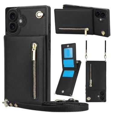 Imagem de MRRSIWEI Capa tipo carteira transversal para APP 107, couro PU, cordão removível, flip e zíper com suporte, capa para IPE 107. Bolsa preta