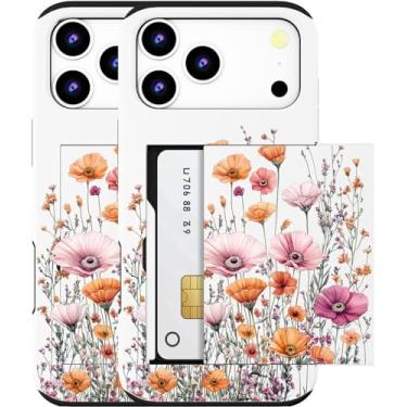Imagem de MUQR Capa compatível com Phone 17 Pro Max com porta-cartão fofo - Design Kawaii Capa carteira robusta de proteção contra quedas de grau militar para mulheres (campos de flores brancas e rosa)