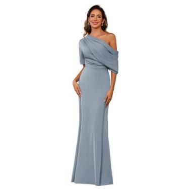 Imagem de Vestido Mother of The Bride BITALY One Shoulder, cetim, azul empoeirad
