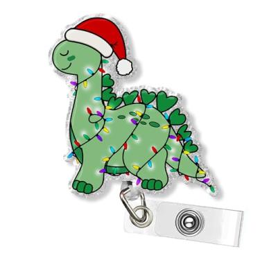 Imagem de GAHAPI Carretéis de crachá de Natal – Bonito dinossauro verde com chapéu de Papai Noel retrátil porta-crachá de identificação com clipe jacaré, cordão de nylon de 61 cm, presente secreto de Papai Noel
