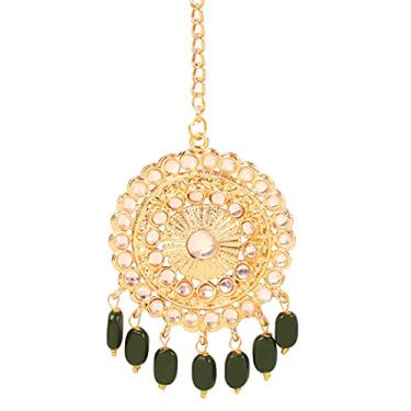 Imagem de Touchstone Indian Bollywood Fine Hand Peeled Work Tradicional Kundan Look Round Shape Pretty Designer Jewelry Mangtika Pendurado com miçangas verdes em tom dourado para mulheres.