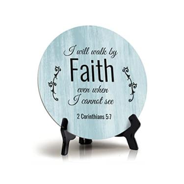 Imagem de Placa redonda I Will Walk By Faith Even When I Can Not See 2 Corinthians 5:7 cor azul madeira circular (12,7 x 12,7 cm)