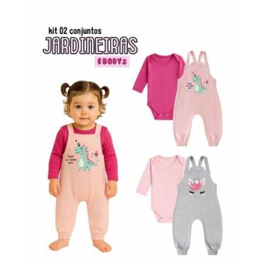 Imagem de Kit2 Jardineira Bebê Longa Algodão Menino Menina body gola envelope bo