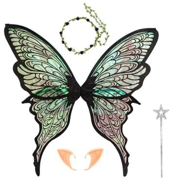 Imagem de FramePro 32"x30" Fairy Wings for Adults and Girls - Sparkly Organza Butterfly Wings Costume Set with Flower Tiara, Elf Ears & Magic Wand for Halloween Parties, Cosplay (Black)