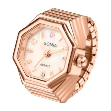 Imagem de JewelryWe Relógio de dedo masculino feminino – pulseira elástica elástica octógono mostrador quartzo analógico anel novo relógios, Ouro-rosa
