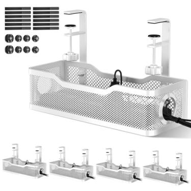 Imagem de Pacote com 4 caixas brancas para gerenciamento de cabos sob a mesa, organizadores de fios Cinati de 136 cm, sem broca, bandeja de organização de cabos com grampo para escritório, casa - sem danos à
