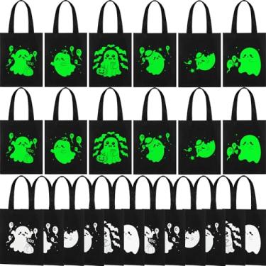 Imagem de SilTriangle Pacote com 24 sacos luminosos não tecidos de Halloween, bolsa iluminada para doces ou travessuras, 19 x 24 cm, sacola de presente reutilizável com alças, bolsa de doces de abóbora fantasma
